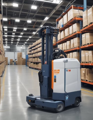 A forklift operator is moving a large stack of yellow bags in a parking lot, with additional stacks of bags in the background. The forklift is orange and black, with a person in a red shirt driving it. Nearby, there are signs and parked cars, and the scene takes place outside a commercial building with a green metal roof.