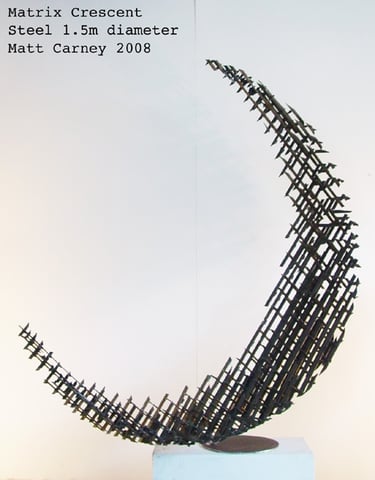 a steel cross-hatched crescent shaped sculpture