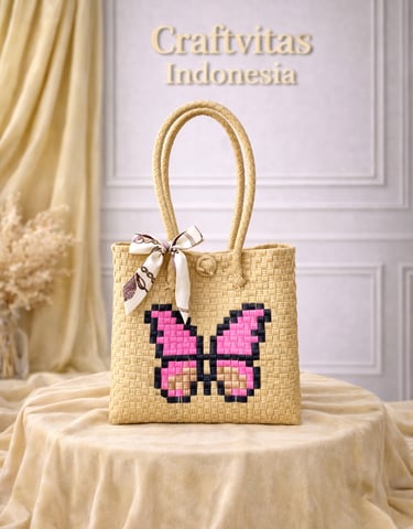 Cream handwoven plastic tote bag with butterfly character, handmade sustainable bag from Indonesia