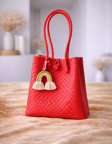 Handwoven yellow plastic tote bag handmade from recycled materials by Indonesian artisans