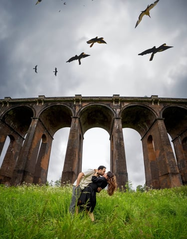 Romantic couple under bridge with birds in sky – cinematic outdoor photography by Fred Art Studio