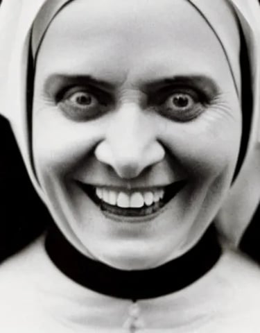 sinister looking nun with crazy eyes