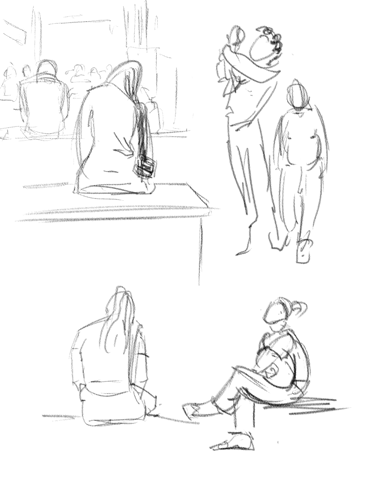 Very fast digital drawings of people on the street and in buildings