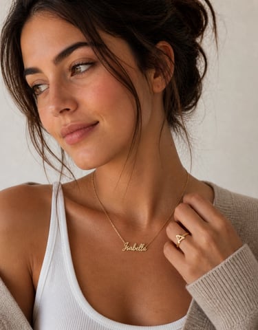 A woman wearing a personalized gold name necklace and a gold triangle ring.