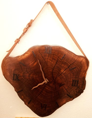 Farmhouse Edged wooden. Epoxy and Leather slab Wall Art clock.