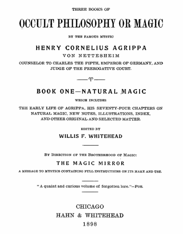 Title page of Three Books of Occult Philosophy or Magic by Henry Cornelius Agrippa, 1898 Chicago edition.