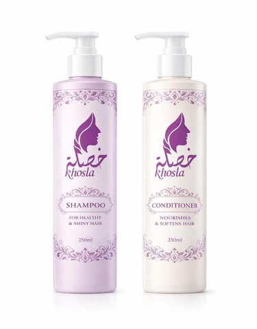 Khosla moisturizing shampoo and conditioner bottles for healthy, shiny, and soft hair.