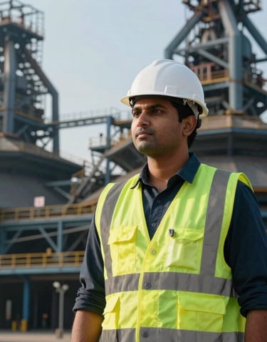 A medium shot of a professional South Asian / Indian site supervisor in a reflective safety vest and white hard hat, standing before a massive steel plant backdrop resembling a SAIL facility. The lighting is crisp morning sun, highlighting the deep midnight blue and slate teal tones of the industrial structures. Modern corporate photography style.