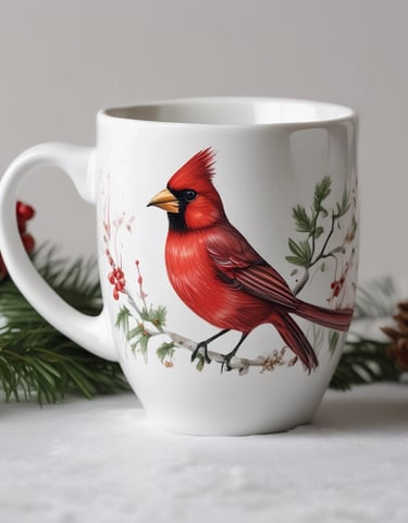 A collection of red cardinal-themed ornaments and festive wrapping.