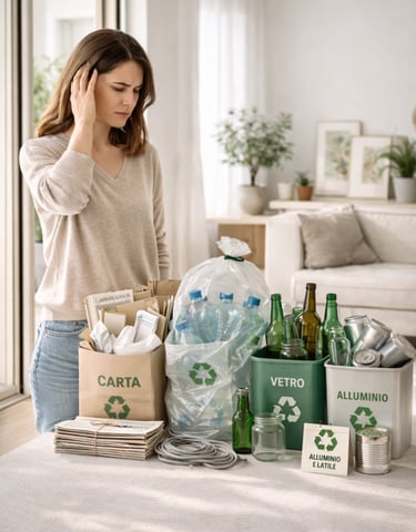 Persona in casa guarda una pila di rifiuti differenziati (carta, plastica PET, vetro e lattine)