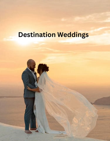 A bride and groom embrace during a sunset destination wedding overlooking the ocean in Santorini.