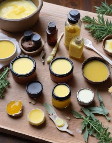 A close-up of cannabis-infused oils and creams on a wooden surface.
