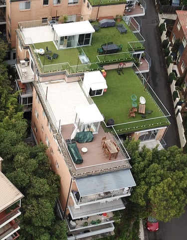 Artificial grass, composite and tile decks. 