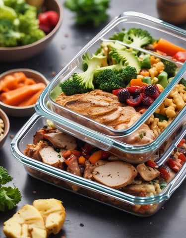 An assortment of meal prep containers with a variety of foods including grilled chicken with a lemon slice, zucchini noodles, and a dish with sauce over greens. Surrounding these are ingredients like fresh Swiss chard, a red onion, eggs in a carton, garlic cloves, and a small bowl of olive oil with a sprig of rosemary.