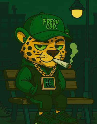 Mascota Fresh CBD sentado en banco con cigarro y farola