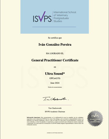 Certificado ISVPS en ecografía veterinaria obtenido por Iván González Pereira en junio de 2024