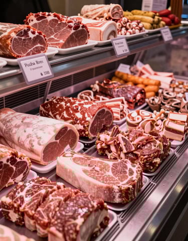 Assorted charcuterie platter with cured meats, cheeses, and fresh bread on a rustic table