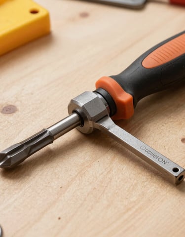 A sturdy cordless drill with drill bits displayed on a clean white surface