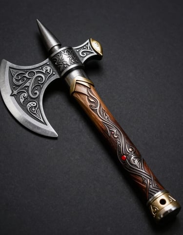 A Viking-style pizza cutter with a forged steel blade and wooden handle displayed on a stone countertop.