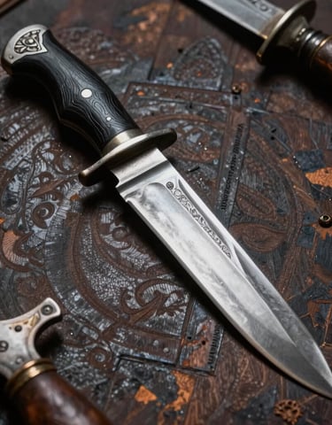 A set of high carbon steel throwing axes arranged on a rustic wooden table with leather handles visible.