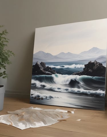 An artist's workspace with sketches and a tablet showing a commissioned artwork in progress.