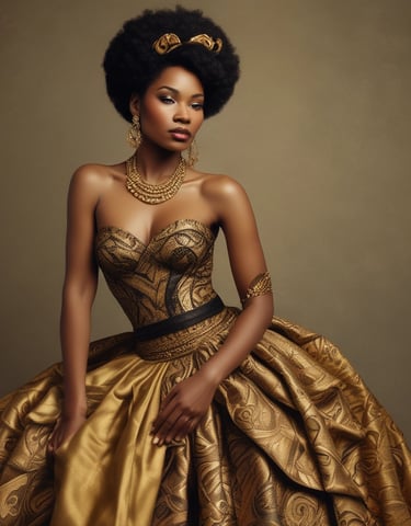 Elegant woman dressed in a flowing dress blending traditional kente patterns with modern cuts, standing against a black backdrop.