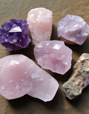 Colorful crochet pieces displayed on natural wooden surfaces with floral accents.