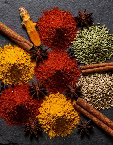 Bright red chili powder artfully arranged in a ceramic dish