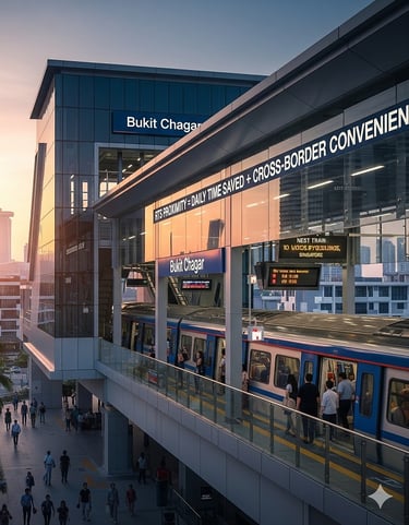 Commuters walking toward Bukit Chagar RTS station in Johor Bahru, highlighting fast cross-border connection to Singapore