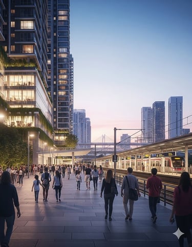 Crowd of commuters walking on a plaza towards a modern train station, representing the RTS Link