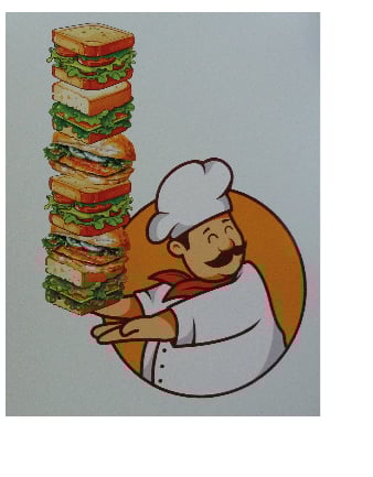 Clever artwork showing a chef with numerous sandwiches. Image is also on our sign near the street,