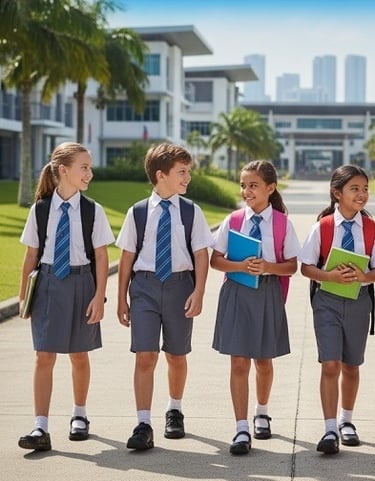 Group of diverse children in school uniforms walking together outside a modern school building