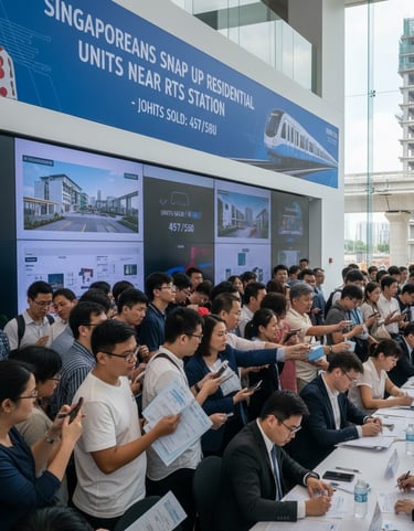 Property sales event crowded with buyers. Sign reads: 'Singaporeans Snap Up Units Near RTS Station.'