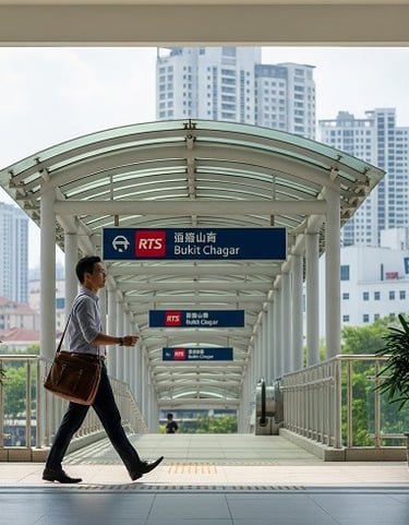 A man walking on an elevated covered walkway toward the RTS Bukit Chagar station entrance
