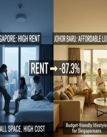 Comparison of Singapore vs. Johor Bahru rent prices, showing 87.3% lower cost in JB for a budget-friendly lifestyle.