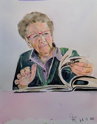 Oma portret voor verjaardag of herinnering met zachtheid overgebracht naar het aquarel portret. 