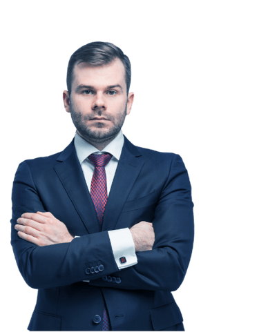 a man in a suit and tie standing in front of a black background