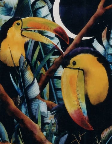 a painting of two toucal birds in a tree