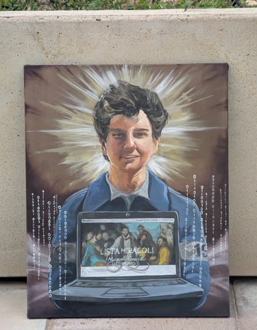 Carlo Acutis, santo canonizado en el año 2025. Iconografía en óleo sobre lienzo.