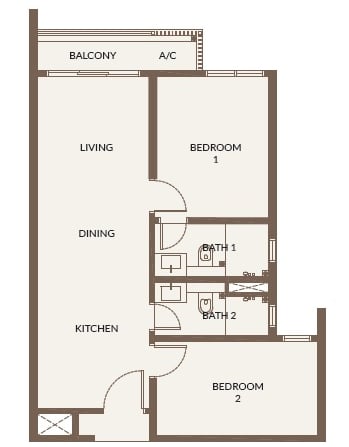 Bukit Chagar Living Type A layout – 1 bedroom, study room, 1 bathroom, 1 balcony