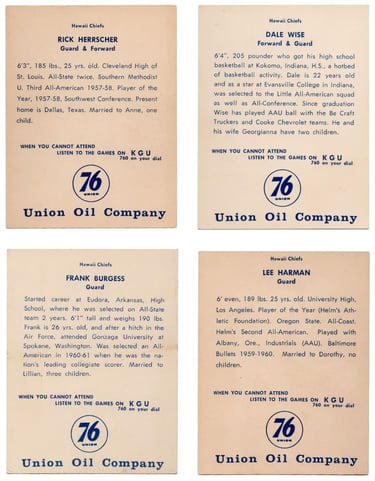 1961 Union Oil Hawaii Chiefs American Basketball League Cards (back)