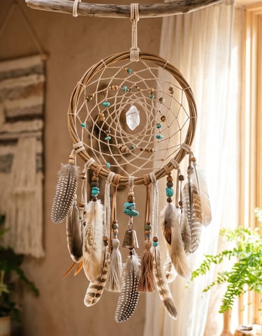 Atrapasueños de estilo boho hecho a mano, con un cristal, plumas y cuentas de turquesa
