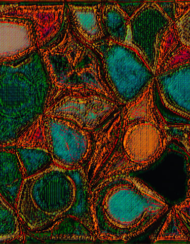Abstract digital art with compartments of deep colorful hues by Fermionne.