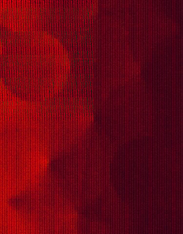 Scarlet red knitted fabric with various lenses pushing & pulling. Abstract digital art by Fermionne.