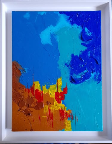 Peinture abstraite acrylique, petit format évoquant un village suspendu entre minéral et végétal.