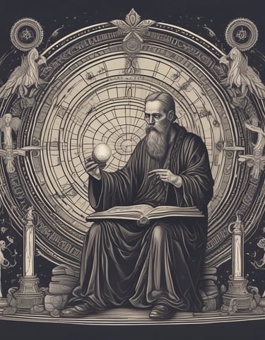 A person is sitting in front of a small shrine or altar, reading a religious or spiritual book. The setting is dimly lit with a soft, warm glow highlighting religious icons, flowers, and offerings. The scene exudes a sense of devotion and calmness.