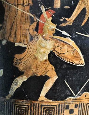 Ancient Greek polychromatic pottery painting (dating to c. 300 BC) of Achilles during the Trojan War
