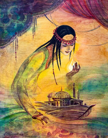 a woman in a green dress holding a candle over the boat painting by olga tenyakova