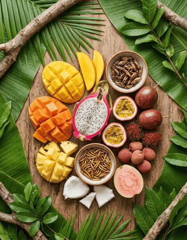 Tropical fruits like dragon fruit and mango served with edible insects on a wooden platter with palm leaves.