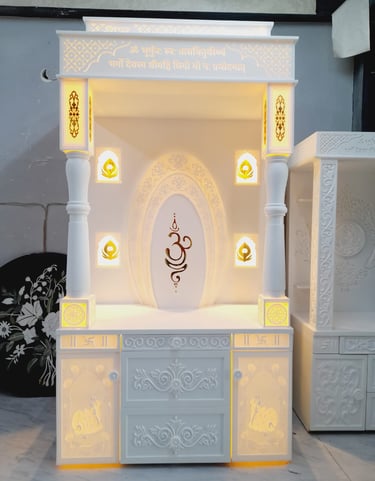 Corian mandir with solid pillar and curve Om